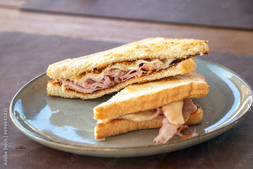 a close up image of a grilled ham and cheese toastie sandwich on a plate. a close up image of a grilled ham and cheese toastie sandwich on a plate.