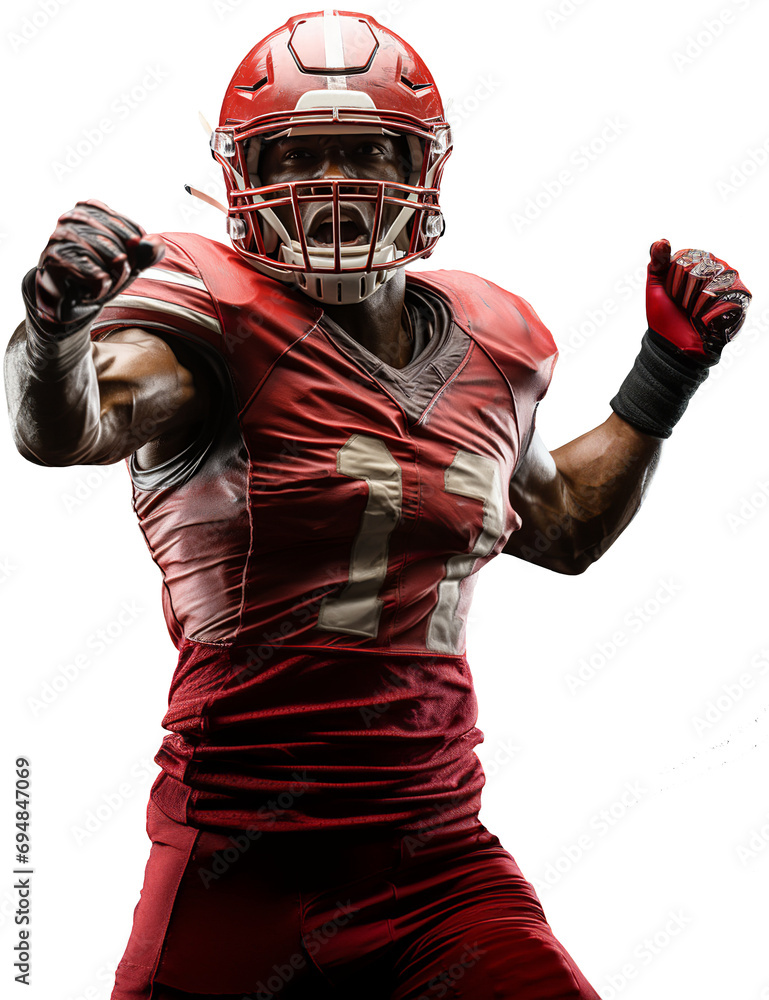 An American football player in a red uniform shouts joyfully and waves his arms. Isolated on a white background