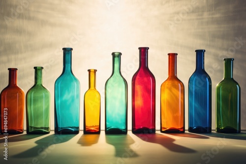 Spectrum of colored glass bottles against a sunlit backdrop