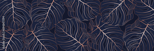 Luxury gold blue nature background. Floral pattern, Golden split leaf palm monstera, line arts illustration.