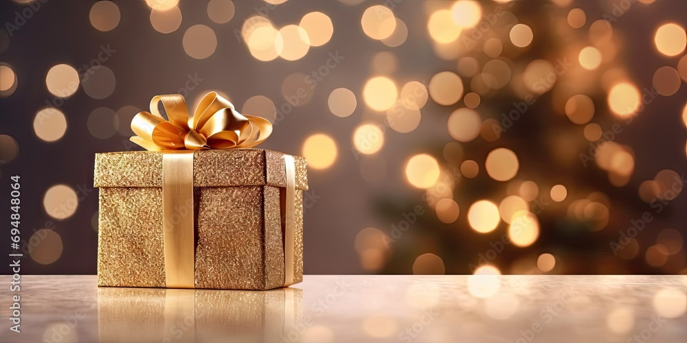 Golden christmas gift box with festive ribbon. Enchanting image captures spirit of holiday season with beautifully wrapped golden gift box adorned with decorative ribbon Golden christmas gift box with festive ribbon. Enchanting image captures spirit of holiday season with beautifully wrapped golden gift box adorned with decorative ribbon