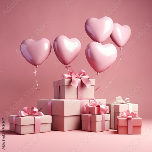  Gift boxes with pink heart-shaped balloons, pink background Generative AI