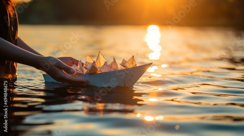 A person releasing a paper boat with self-doubts written on it into a serene body of water,[self-acceptance] photo