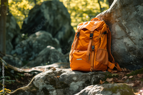 Yellow backpack and sunglasses on the stone in the autumn forest. Travel concept.