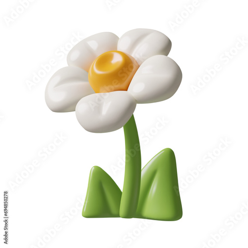 3D flower icon. Stylized chamomile or daisy with green stem and leaves isolated on white background. Spring floral three dimensional design element. Vector illustration.