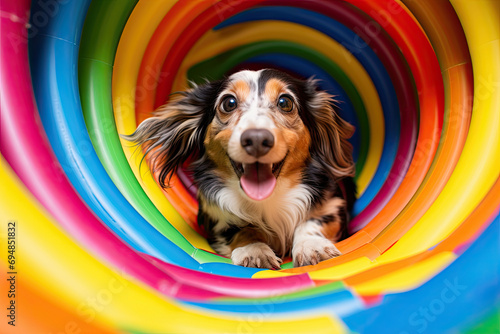 Generative AI image of joyful dog playing in colorful tunnel photo