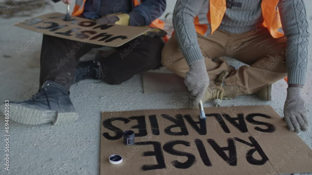 Vidéo Stock PAN cropped shot of two unrecognizable male construction workers sitting on cold