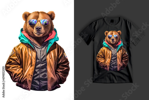 I am not WILD, Cool Wild Brown Bear wearing reflective Sunglasses and shiny Jacket, modern t shirt design for DTF print photo