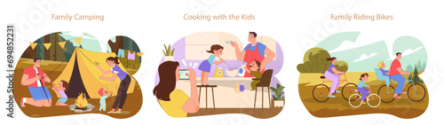 Family Activities set. Joyful outdoor and indoor bonding moments. Camping adventure, culinary fun with kids, leisurely cycling trip.