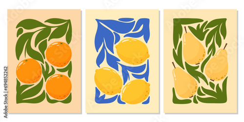 Set of abstract posters with fruits and leaves. Composition with orange, pear and lemon. Summer trendy vector illustration for banner, flyer, card, social media, web design. a4 format © Coxic25