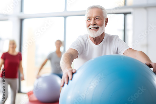 Senior Caucasian man doing exercise with a swiss ball at a gym