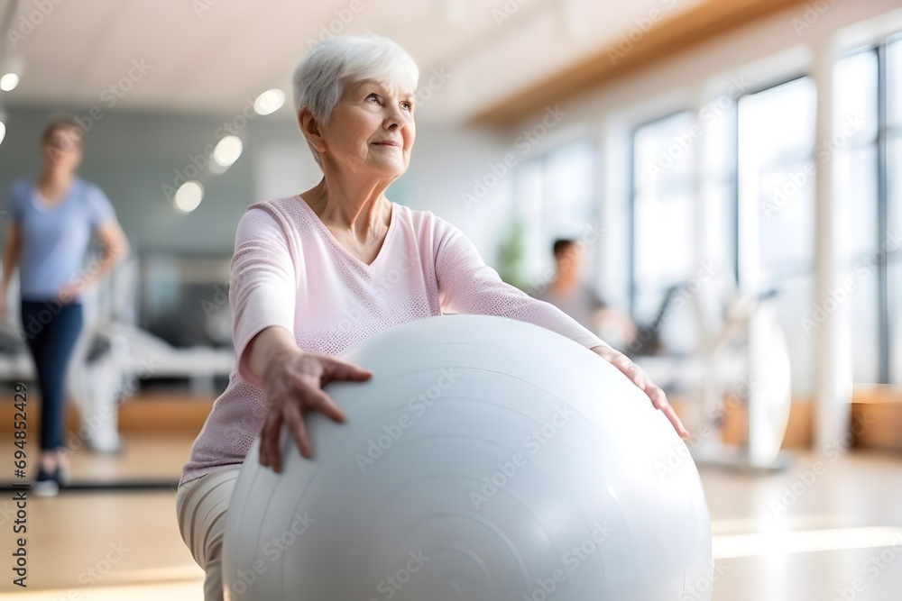 Senior Caucasian woman doing exercise with a swiss ball at a gym Senior Caucasian woman doing exercise with a swiss ball at a gym