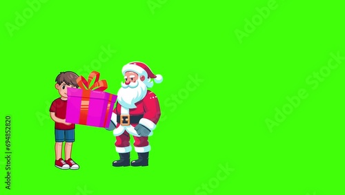 Santa Claus Giving A Gift To A Little Boy Animation On Green Screen 4k Quality