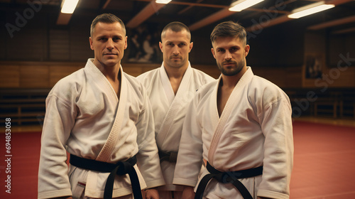 Three Men In Karate Gi Uniform With Black Belts Are Doing Karate In A Sports Hall photo