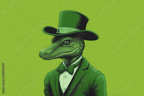 A kangaroo crocodile with a leprechaun hat on a mellow yellow backdrop, capturing the charm of St. Patrick's Day in a simple and stylish manner photo
