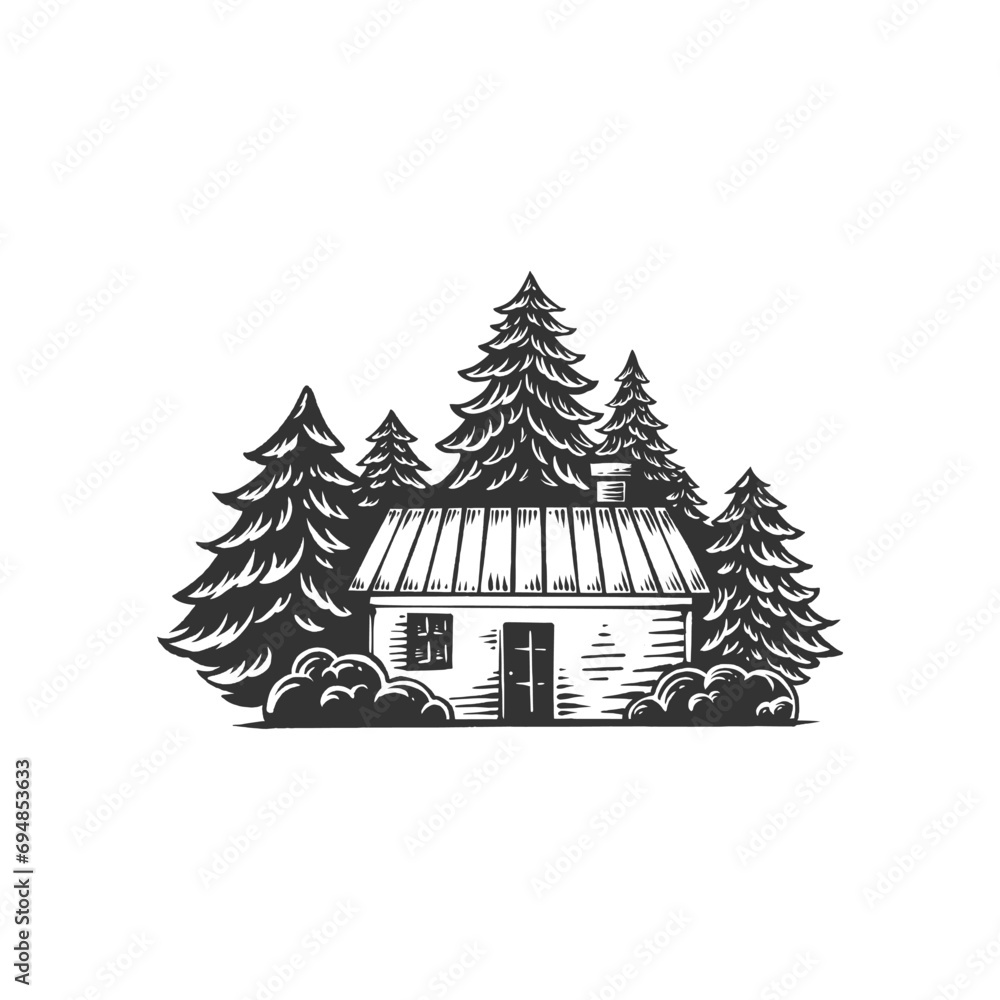house forest vintage silhouette illustration template