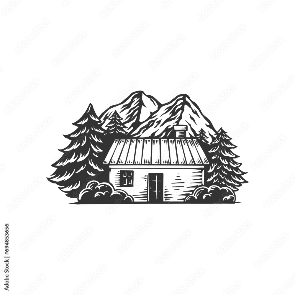 house forest vintage silhouette illustration template