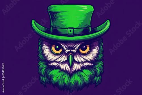 Owl with a leprechaun hat against a deep purple background  capturing the tranquility of St. Patrick s Day
