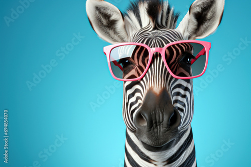 Funny zebra with glasses on blue background. photo
