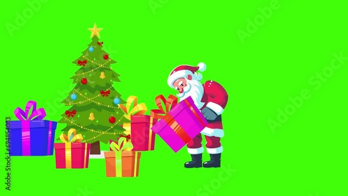Santa Claus Decorating Christmas Tree And Gifts Animation On Green Screen 4k Quality