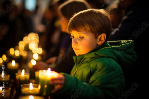 A cute boy lights a candle in memory of Irish heritage during a St. Patrick's Day  © Hanna Haradzetska
