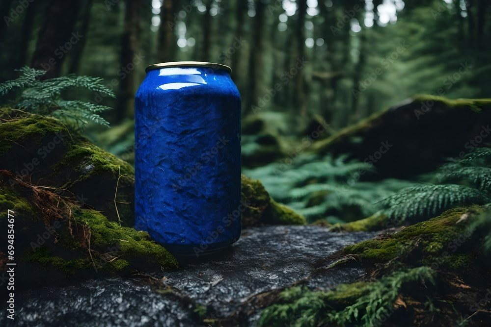 closeup beverage can with tblue extured pattern in the forest , 33cl drink can presentation template
