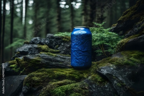 beverage can with tblue extured pattern in the forest , 33cl drink can presentation mockup photo