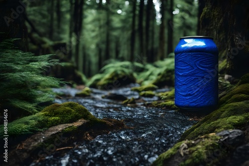 beverage can with tblue extured pattern on a stone in the forest , 33cl drink can presentation mockup photo