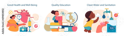 SDG or sustainable development goals set. Global target for better future including gender equality, health, education, clean energy, and economic growth. ESG and CSR. Flat vector illustration