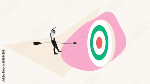 Creative animation. Stop motion. Motivated and joyful employee standing on arrow flying to target symbolizing success and achievement photo