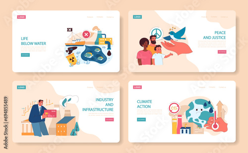 Sustainable development web or landing set. Global action for better future, impact on society and environment. Equality, climate preservation, clean energy. Flat vector illustration