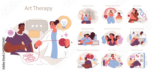 Psychotherapy set. Diverse treatments for mental health challenges. Patient care in mindfulness, self-esteem, and addiction recovery.
