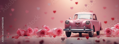  pink retro car with hearts on a pastel background. card for valentine's day