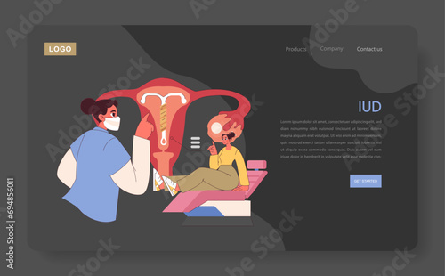 Types of Contraception. Doctor consults patient on intrauterine device use. Informed choice in birth control methods. Flat vector illustration