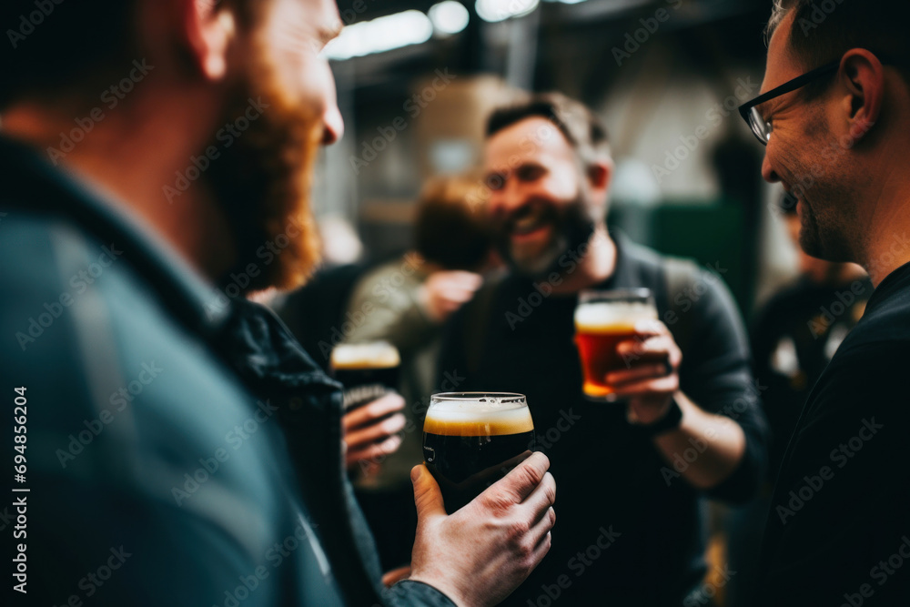 Foamy beer with a glass glass in the hand of men celebrating St. Patrick's Day in the evening