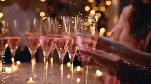 glasses of pink champagne being toasted by people at a wedding, in the style of bokeh, photo