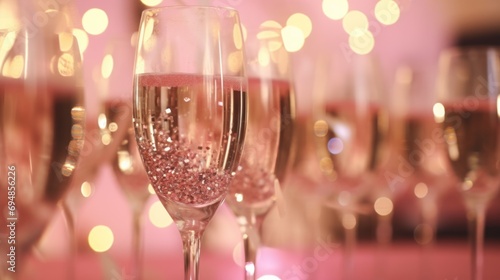 glasses of pink champagne being toasted by people at a wedding  in the style of bokeh 