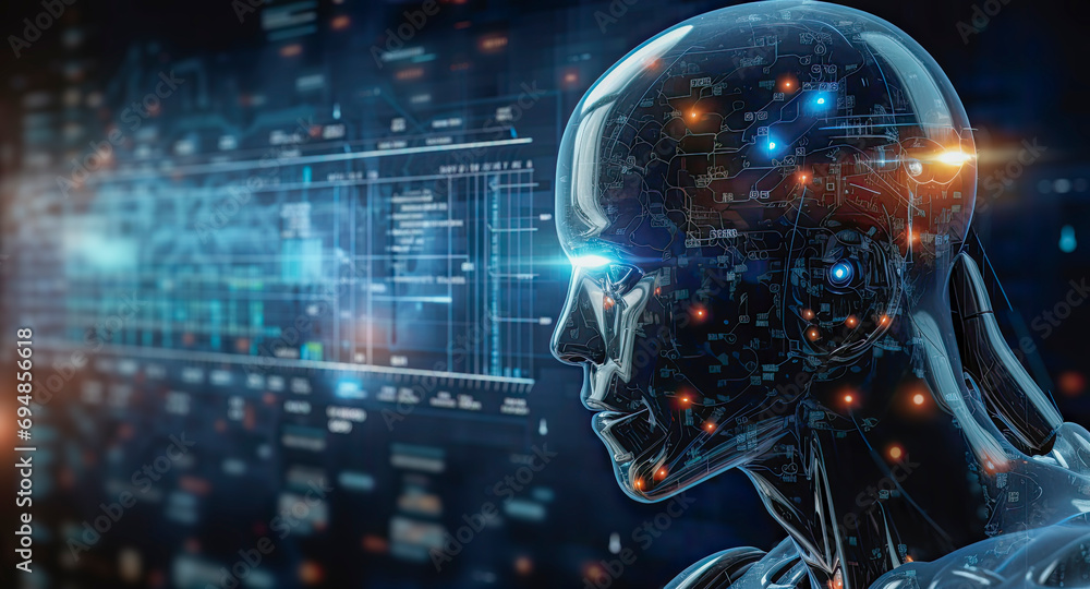A detailed side profile of a humanoid robot with a complex internal circuit design and a digital data interface in the background, illustrating high-tech AI concepts. A detailed side profile of a humanoid robot with a complex internal circuit design and a digital data interface in the background, illustrating high-tech AI concepts.