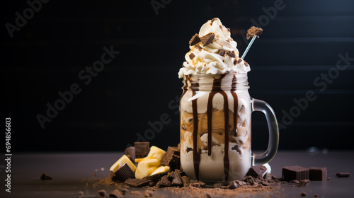 Delicious milkshake with jam, chocolate, caramel and ice cream, copy paste space for text