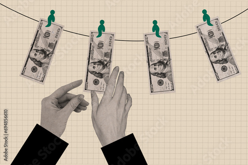 Photography Horizontal retro magazine photo collage of hands hanging dollar banknotes to dry