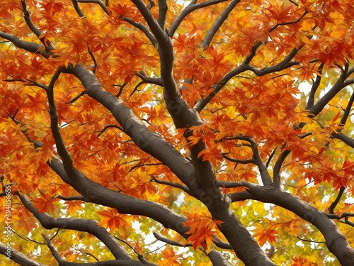 leafy tree branch adorned in vibrant autumn colors leaves in rich reds  oranges  and golds  capturing the essence of the fall season.