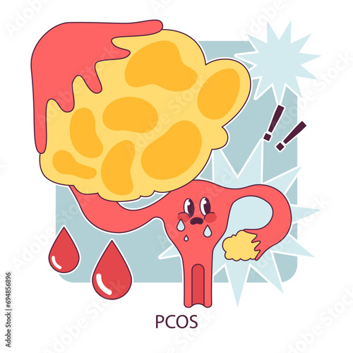 PCOS, polycystic ovary syndrome. Female reproductive system. Endocrine system organ disease. Human hormones secretion imbalance. Flat vector illustration