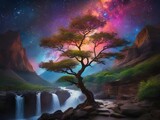 majestic, vibrant tree with colorful starlight, set against a backdrop of mountains and waterfalls.