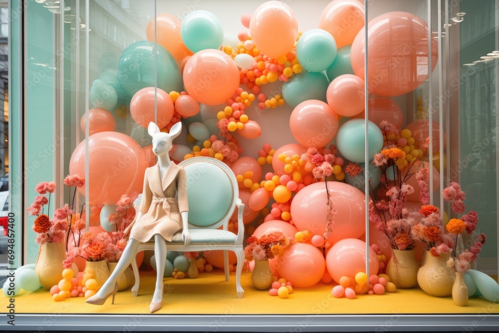 Easter-themed window display, retail, colorful and inviting Stock Photo ...