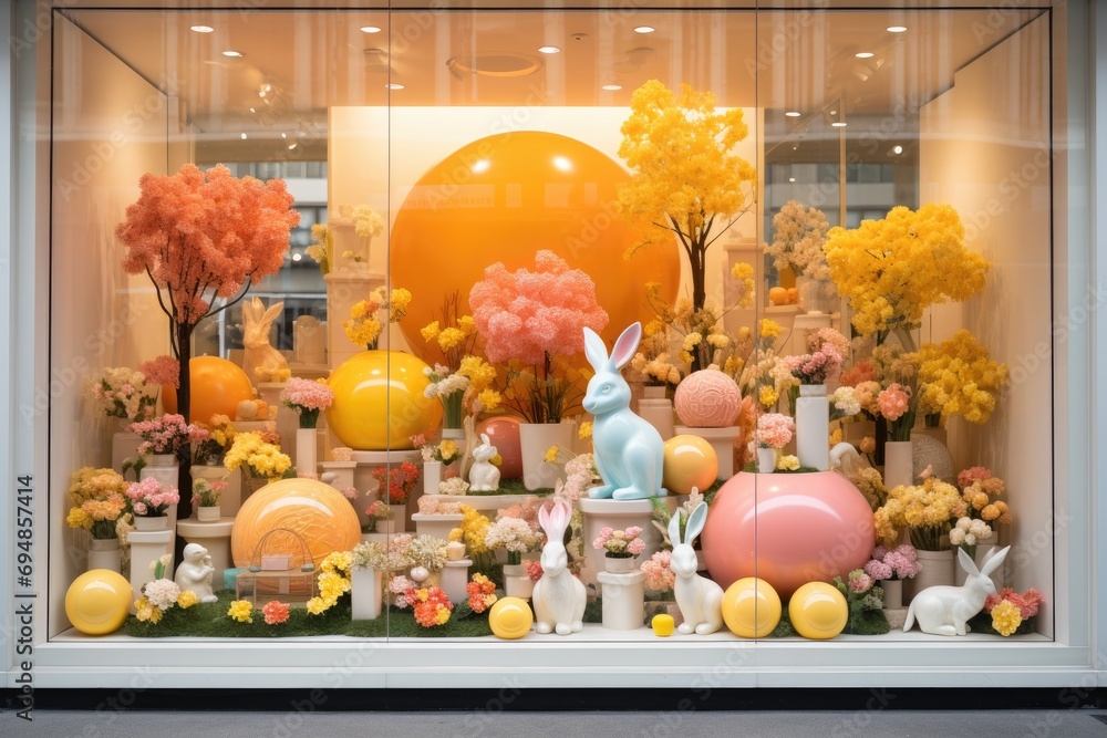 Easter-themed window display, retail, colorful and inviting