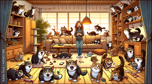 A woman stands amazed in a living room overrun by diverse, playful cats and a scattering of toys.