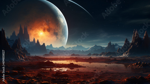 Alien Planet with Rocks and sunset