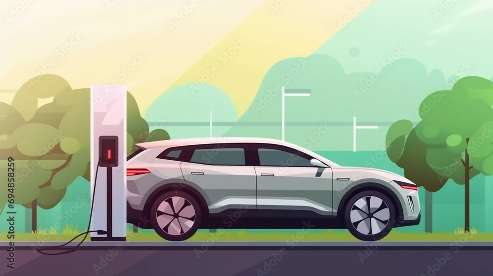 Ev suv car charging at EV charger station with a plug in cable.flat vector illustration.