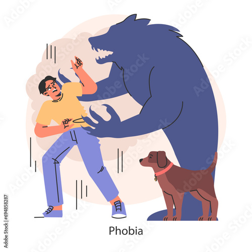 Overcoming fears strategy. Illustration of confronting animal phobia and the visceral fear response. Power of overcoming irrational fears. Flat vector illustration.