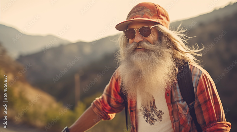 active cool happy bearded old hipster man standing nature park holding skateboard